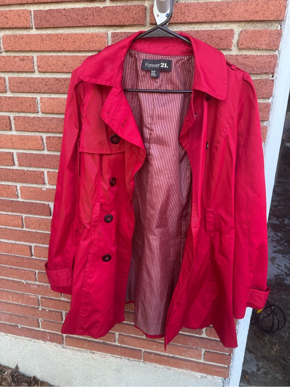 Forever 21 Bright Red Trench Coat with Striped Lining